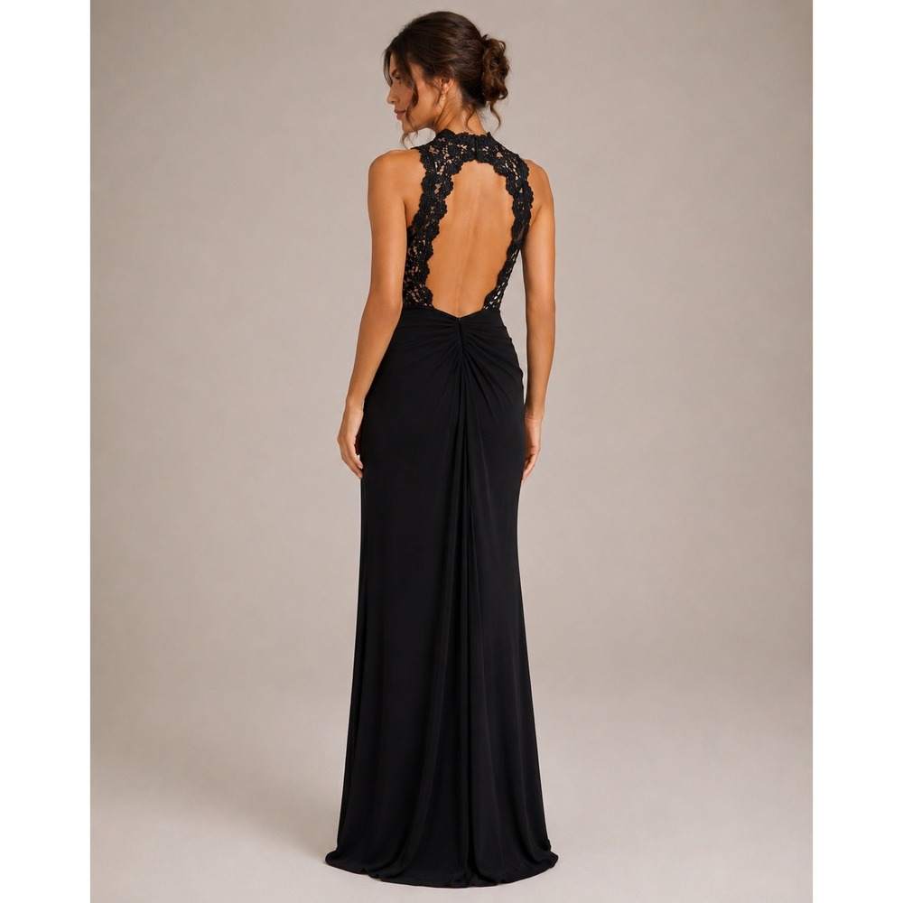 Xscape Size 6 Black Lace Illusion Halter Open Back Ruched Evening Gown